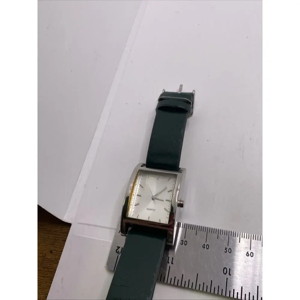 Womens Silver Rectangle Green Watch Works New Battery